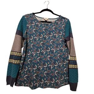Sundance Womens Sharrar Thermal Top M Teal Floral Patchwork Boho Cottage Western